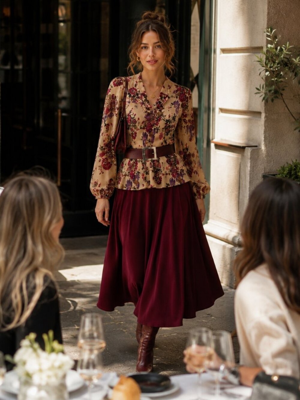 Vintage Union Made ILGWU Floral Peplum Dress Burgundy Gold Belted Women's 13/14